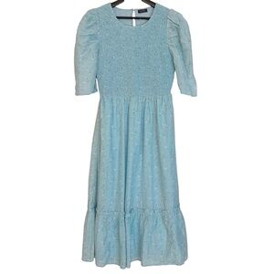 Vineyard Vines Cotton Silk Smocked Puff Sleeve Midi Dress Blue Floral Small